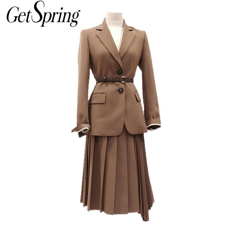

GETSPRING Coat Suit Coats Belt Split Blazers Jackets Camel Black All Match Vintage Summer Blazer Women 201114, Black jacket
