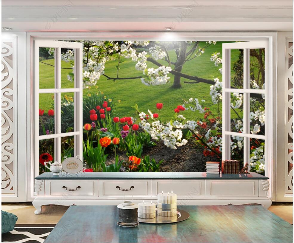 

3d wallpaper custom photo mural European-style windows 3d spring flowers blooming home decor 3d wall murals wallpaper for living room, Non-woven wallpaper