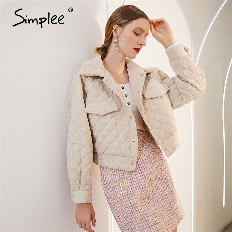 

Simplee Fashion corduroy winter women coat Single-breasted ladies parkas Casual female turndown collar short jackets coats 201112, Khaki