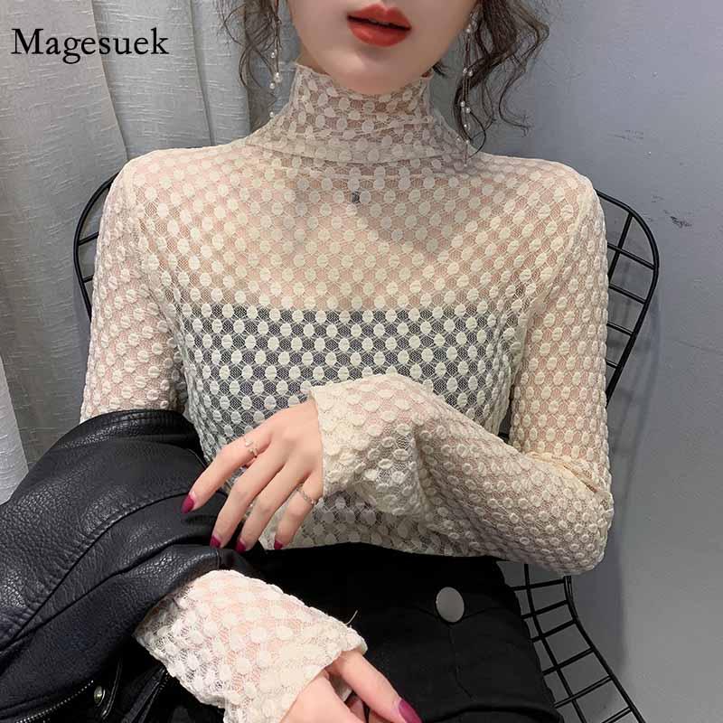 

Turtleneck Lace Sexy Autumn and Winter 2020 Bottoming Shirt Women Blouse New Dot Mesh Tops Lace High Elasticity Shirt 11437, Apricot