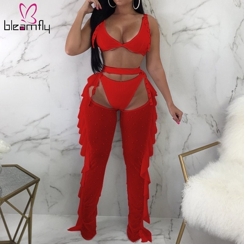 Sexy 3 pièces ensemble soutien-gorge haut tongs perles à volants pantalon en maille transparente tenues de boîte de nuit mode Bikini pantalon cos