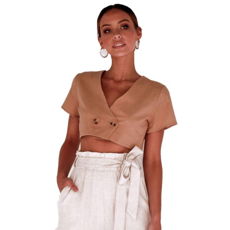 

Short cropped double-breasted short-sleeved shirt women' top 2021 summer V-neck pullover sexy fashion simple short blouse, White