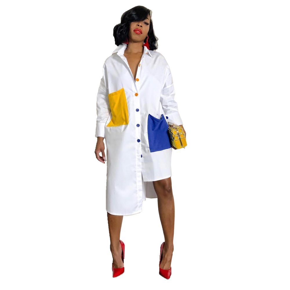 Femmes colorées Button chemise robe de poche irrégulière lambrissée manches longues manches coulées robes de cou en colère