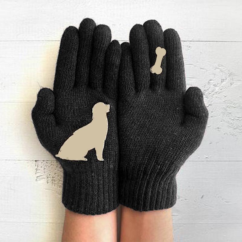 

Five Fingers Gloves 1 Pair Cartoon Dog Bones Print Winter Warm Cold Cashmere Thick Wool Knitted Full Finger Men Women Mittens F