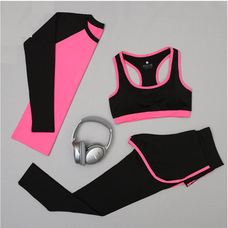 

2020 New Listing Bra+Clothes+Pant Gym Set Women Fitness Set Sport Clothing Sport Suit Women Sportwear Quick Dry Yoga Off, Black