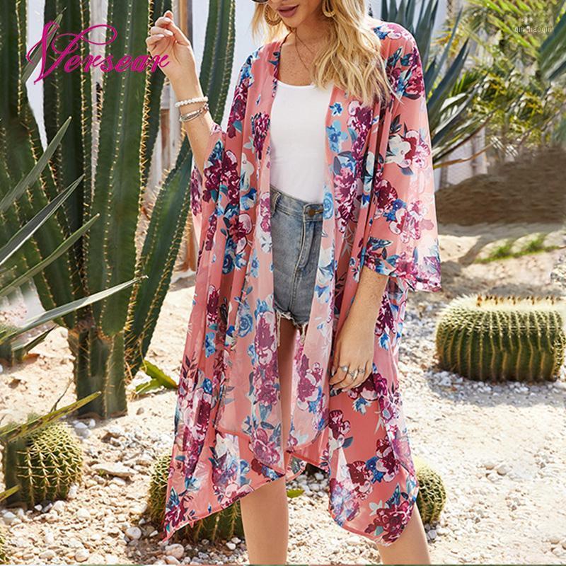 

Versear Summer Boho Holiday Kimono Cardigan Blouse Open Front 3/4 Sleeves Scarf Loose Casual Cover Ups Beachwear 2020 New1