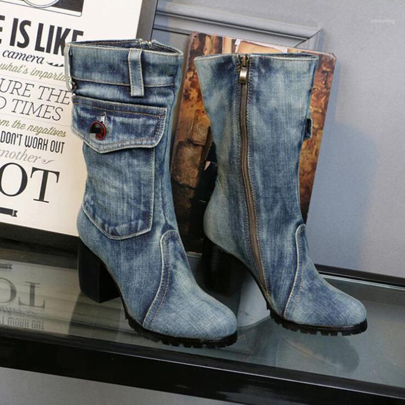 

Blue Denim Women Winter Boots Side Zipper Botte Femme Shoes Woman Round Toe Chunky High Heels Ladies Boots Warm Knight Boot Shoe1