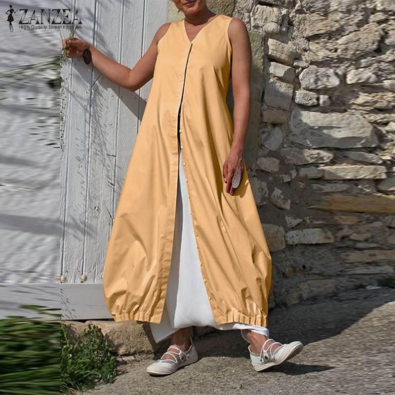 

Fashion Asymmetrical Shirt Dress Women' Summer Sundress 2020 ZANZEA V Neck Maxi Vestido Female Button Down Split Robe Plus Size, Yellow