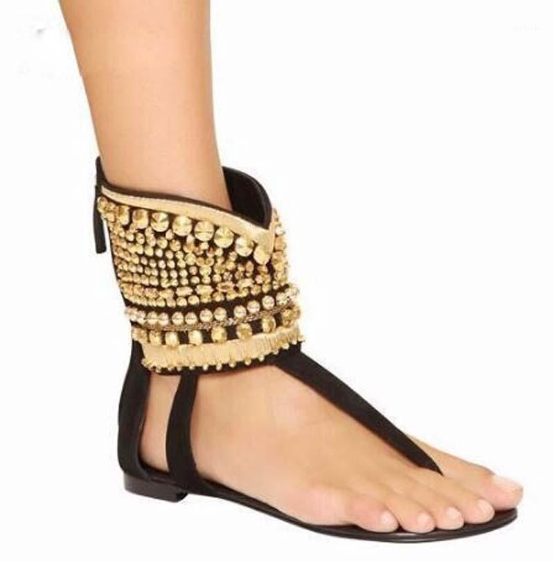 

Golden Rhinestone Rivets Studs Thong Toe Sandals Boots Summer Flat Sandals Ladies Gladiator Zipper Back Ankle Boots1, Black