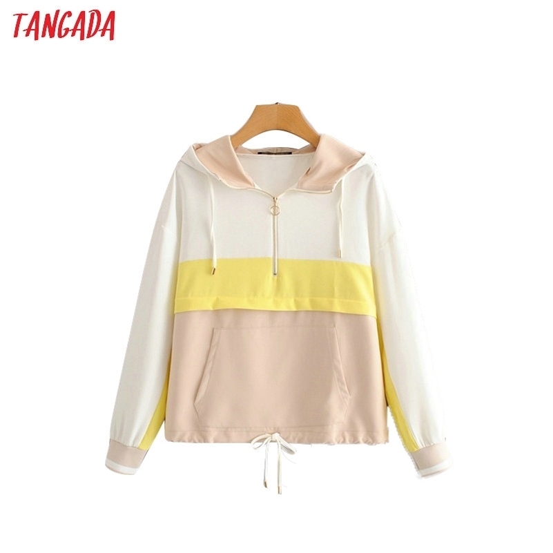 

Tangada women autumn hooded jackets patchwork zipper bomber jacket long sleeve female causal jacket coats outerwear HY218 201210, Multi