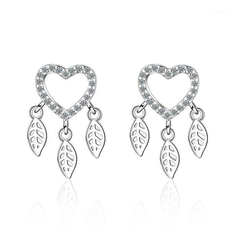 

Fashion 925 Sterling Silver Shiny Zircon Cute Heart Leaf Stud Earrings For Women Girls Sweet Gift Earring Korea Jewelry ED6021