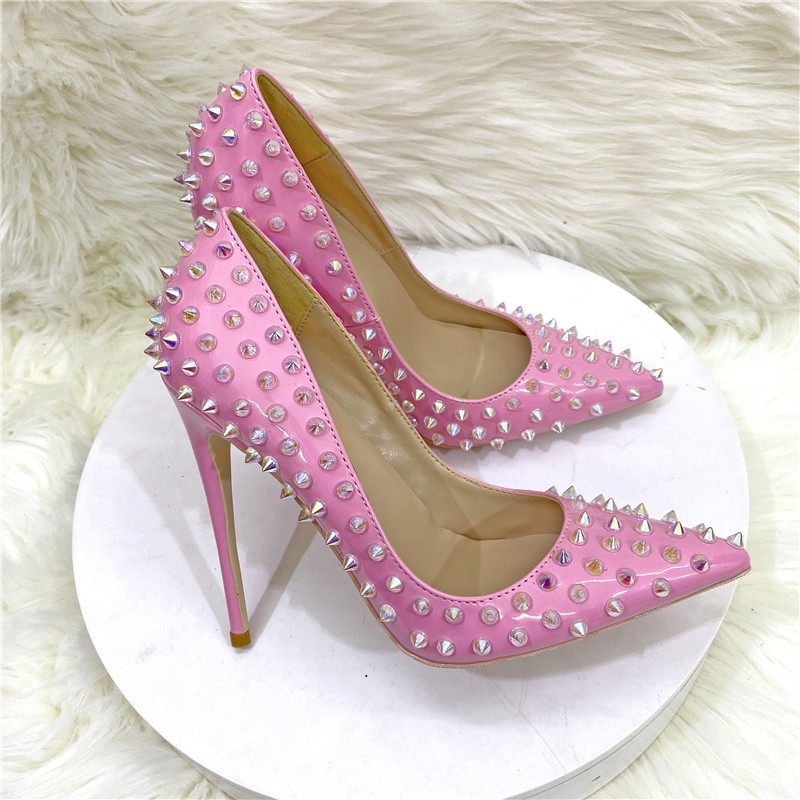 

Pink Patent Women Shoes Sexy Spikes Pointy Toe High Heel Party Shoes Flat 8cm 10cm 12cm Slip On Stiletto Pumps with Studs Ladies Bride Wedding Shoe, Black