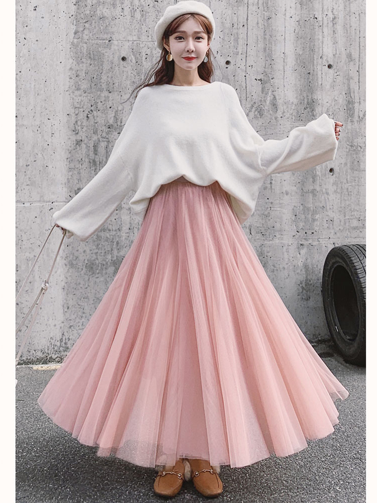 

2021 New Fashion mesh plied elegant ladies skirt a word solid color high multicolored waist half length long summer fall, Gray.