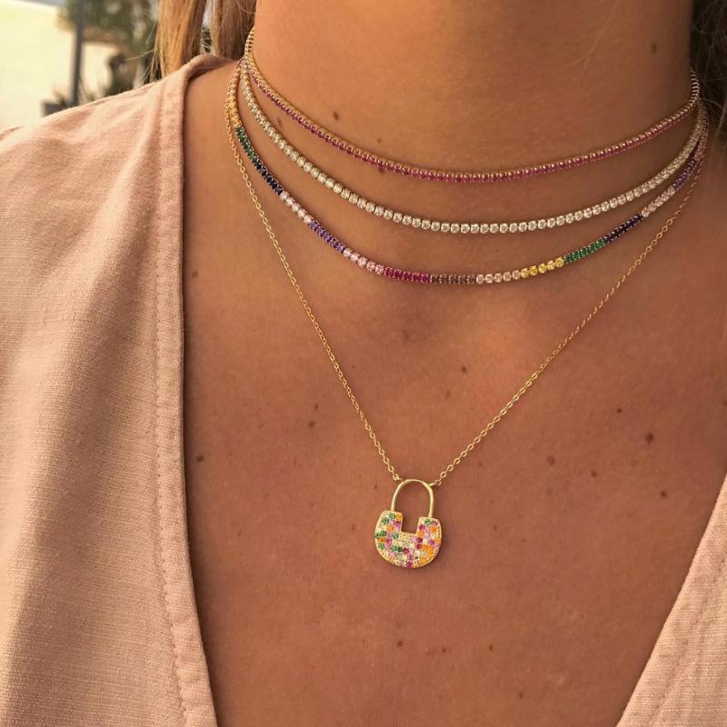 

2020 New arrived gold color necklace with rainbow cz tennis chain colorful cz charm choker with tiny link chain necklace jewelry