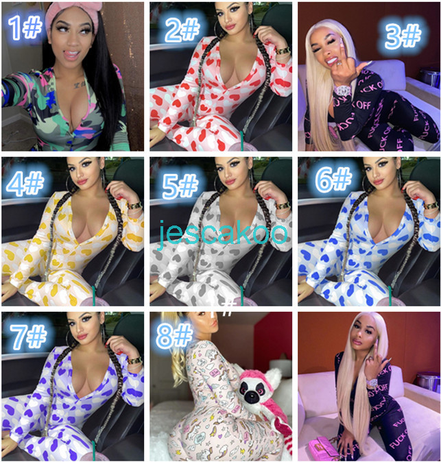 

Women Home Nightwear Playsuit Workout Button Skinny Hot Print Long Sleeve Jumpsuits V-neck Onesies Women Plus Size Rompers Jck, Mix or leave a message