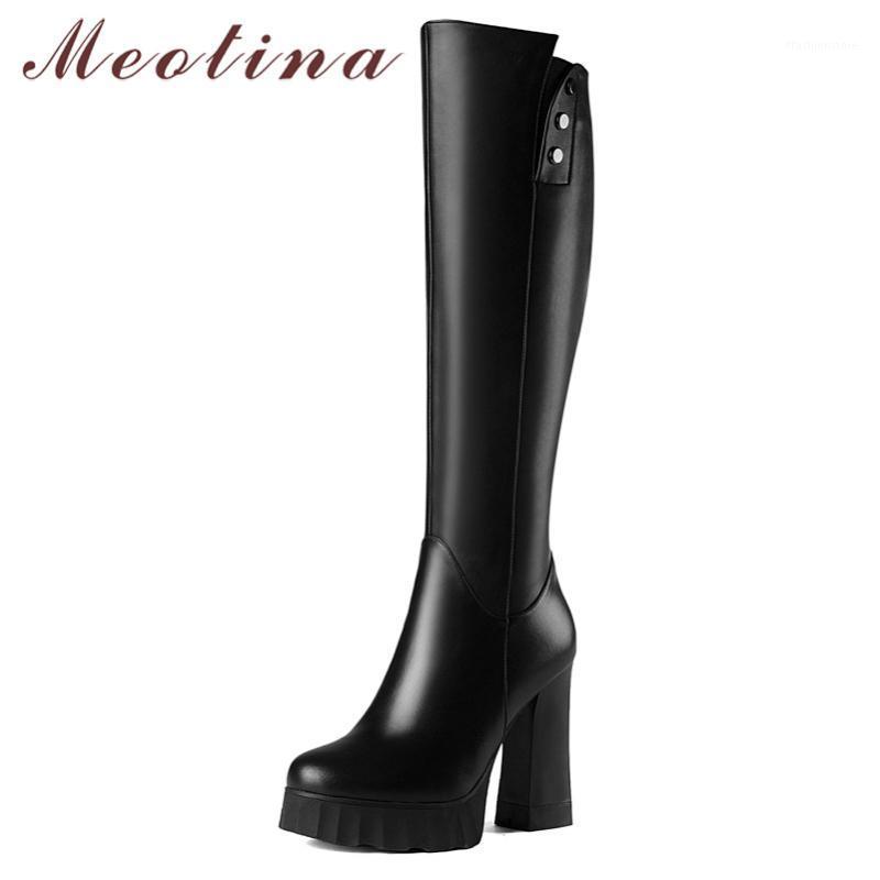 

Meotina Winter Knee High Boots Women Natural Genuine Leather Thick Heel Long Boots Zipper Super High Heel Shoes Lady Red Size 391, Black