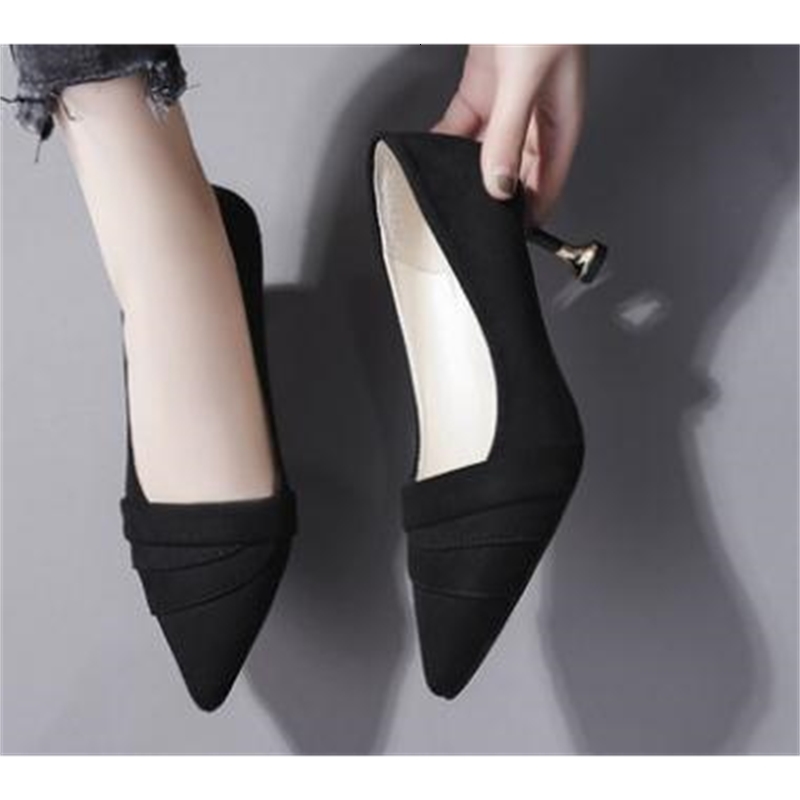 

2021 Women's Shoes in Spring and Autumn New Style Fine Heel Pointed End Suede@3080 MEGL, Black