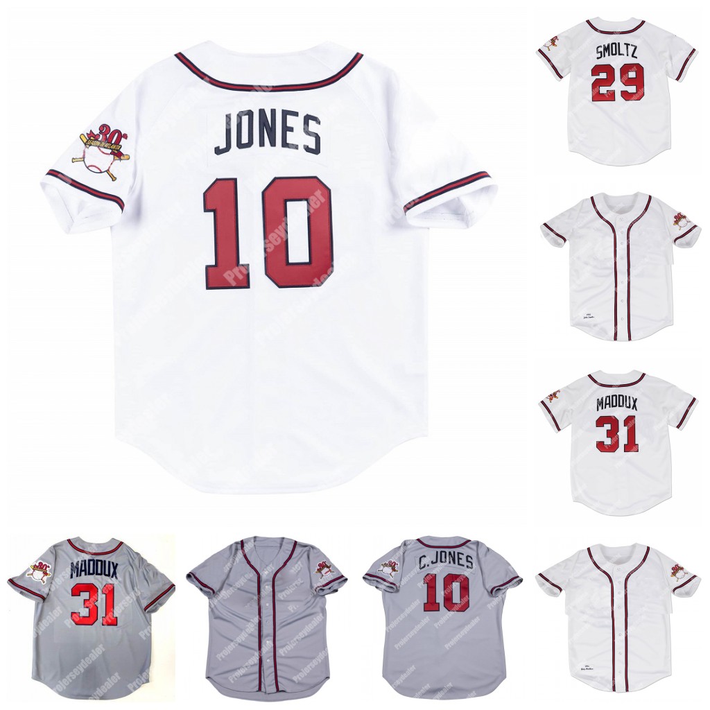 

31 Maddux 1995 Wrold Series 30 Season in Atlanta 29 John Smoltz 10 Chipper Jones 20 Mark Lemke 27 Fred McGriff Baseball Jerseys, Grey womens s-xxl