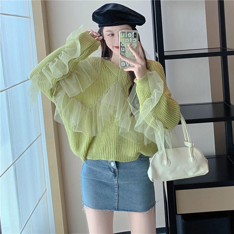 

Women's Sweaters Sweet Patchwork V Neck Long Sleeve Ruffled Sweater Women Green Pull Femme Fashion Solid Pullovers Pink Knitwear Top, White;black