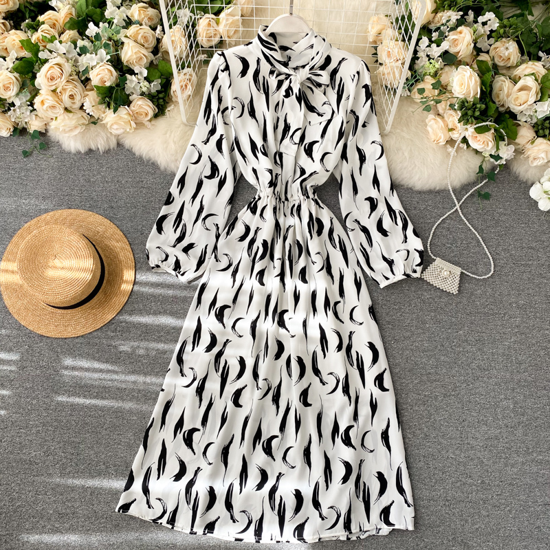 

2021 New Female singer retro design maxi autumn puff bow the line dressed bohemian impression holiday dress long 2KWW, Black