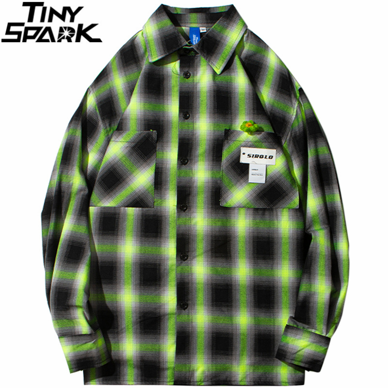 

2020 Mens Hip Hop Streetwear Shirt Vintage Retro Plaid Pocket Tops Long Sleeve Cotton Summer Autumn Loose Green Khaki Shirt, A93y9352 green