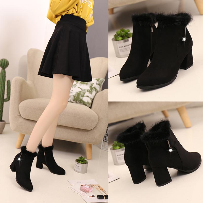 

Brand Women's Shoes Lady Boots Boots-women Booties Woman 2020 High Heels Winter Footwear Round Toe Fashion Mid Calf