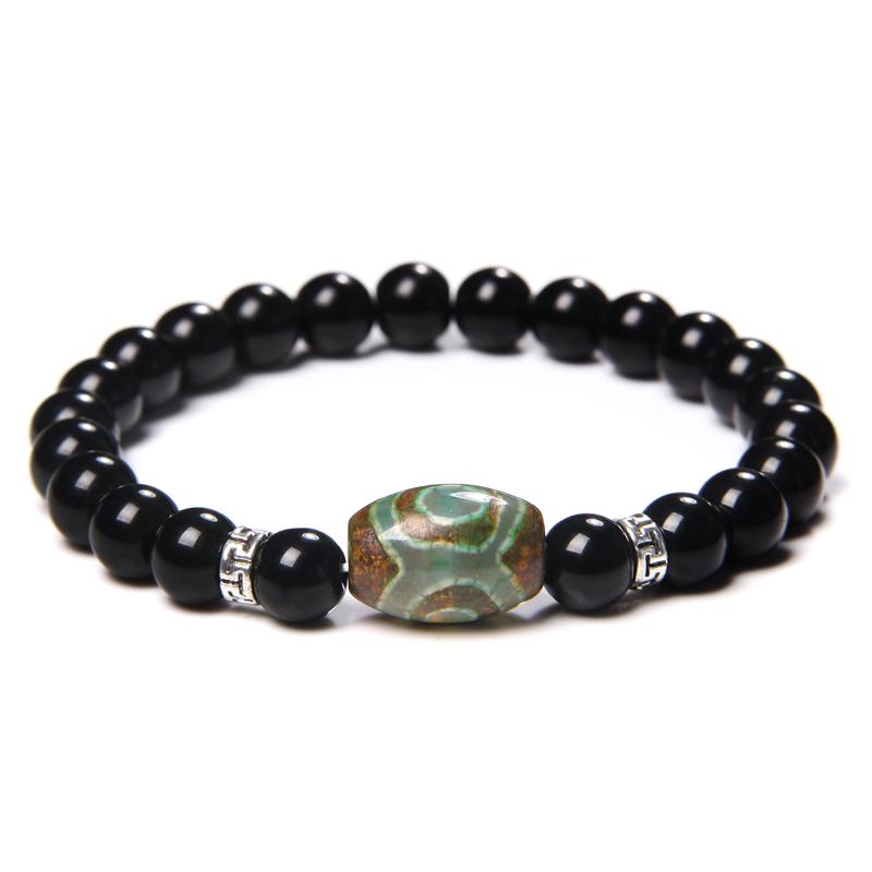

Silver Color Motto Charm Bracelets Elastic Jewelry Men Fengshui Black Stone Beads Bracelets Women Talisman Tibetan Agat Pulseras