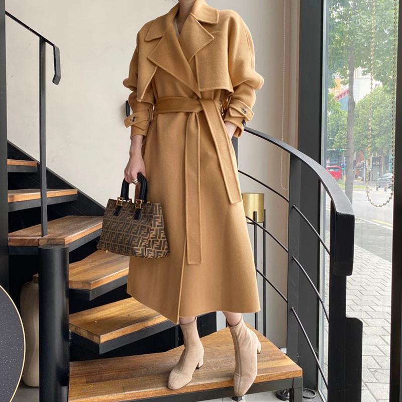 

New Winter Elegant Women Woolen Coat Office Lady Windbreaker Style Woolen Coats Female Vintage Lace Up Tops1, Khaki