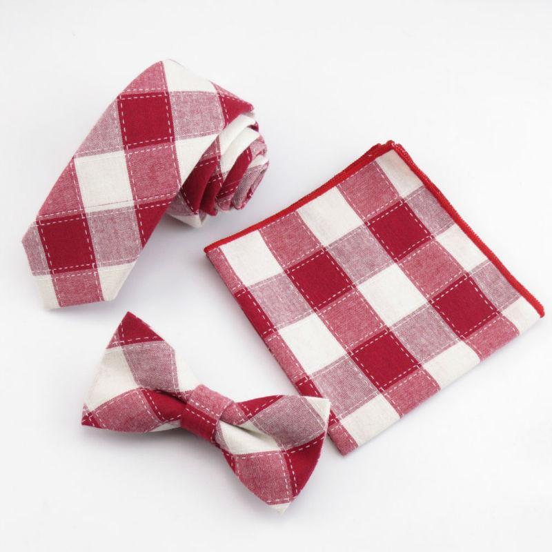 

100% cotton red white grid Tie Set Men's Plaid Ties Bowtie Pocket Square Handkerchief Set For Men Wedding Party Accessories1
