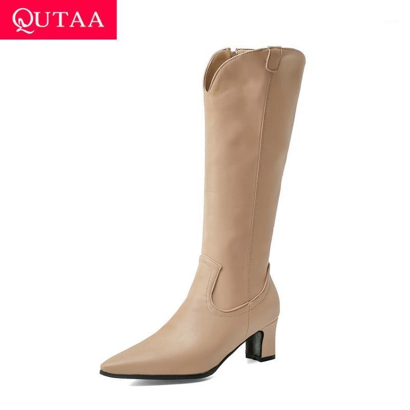 

QUTAA 2021 PU Leather Zipper Knee High Boots Square High Heel Concise Women Shoes Autumn Winter Pointed Toe Long Boots Size34-431, Black