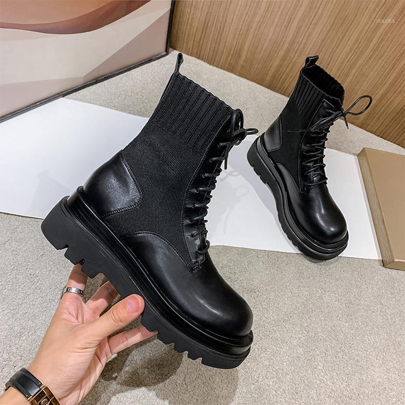 

2021 Ankle Boots Women Platform Ladies Shoes Fashion Stretch Fabric Sock Boots Thick Heel Female Chunky Slim Shoes1, Black
