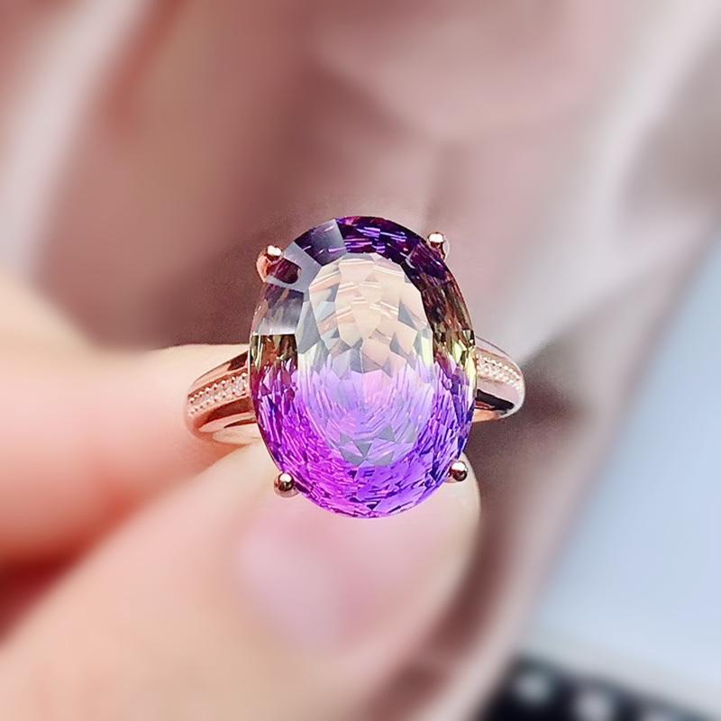 

Cluster Rings Ametrine Ring Per Jewelry 12*16mm 11ct Colorful Big Gemstone 925 Sterling Silver Fine For Women Or Girls J292203, Golden;silver