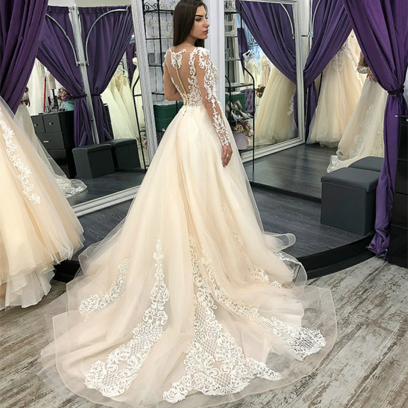 

2021 New Wedding Dresses of Long-sleeve Princess Champagne Dressed As Upper-income Bride with Sheer Sweeping Train Return Mariee Robe S494, White
