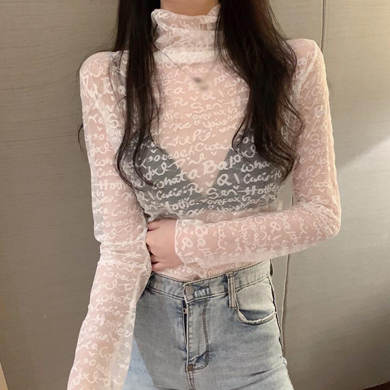 

Autumn Slim Stretch Letter Tshirt Embroider Hollow-Out See-Through Sexy Inner Lace Bottoming Tee Shirt Tops 2021