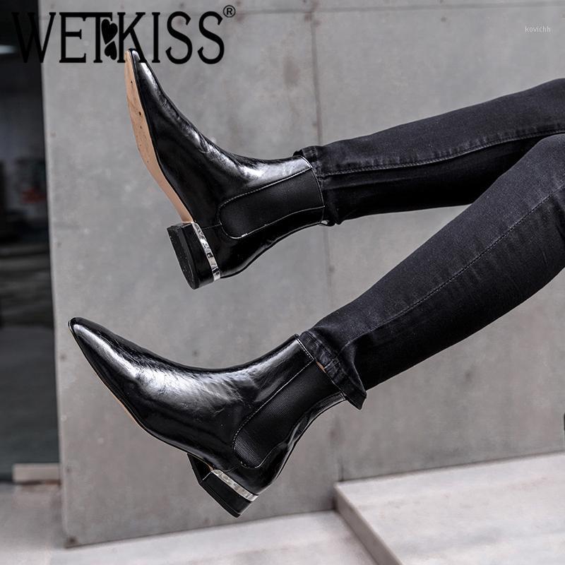 

WETKISS Low Heels Women Boots Square Toe Rubber Elastic Band Footwear Leather Female Boot Casual Shoes Woman 2020 Autumn Black1, Black