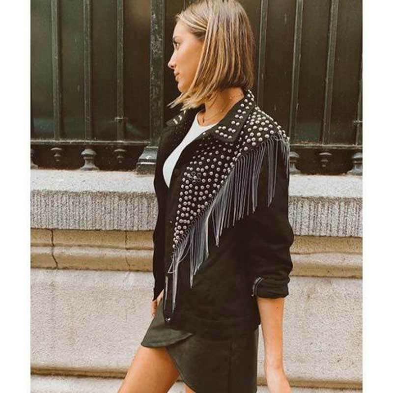 

Boho Rebite Tassel for Black Vintage Women Denim Female Jacket Long Sleeve Outerwear Street Rock Coat Vf9g
