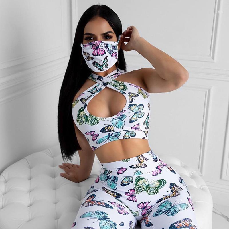 

women' Yoga Sets With Mask Fashion Women' V Neck Camisole Thin Loose Butterfly Print Yoga Sports Set Clothing Athletic#351, White