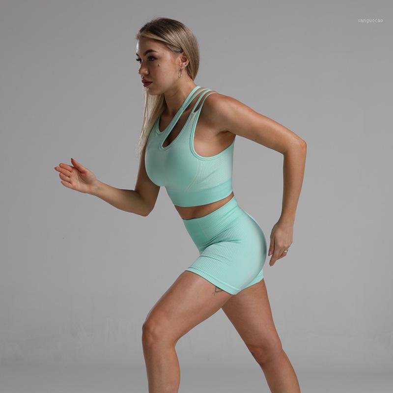 

Sport Women Tracksuit Seamless Padded Crop Top Bra High Waist Short Two Pieces Set Fitness Female Gym Sportswear1, Black