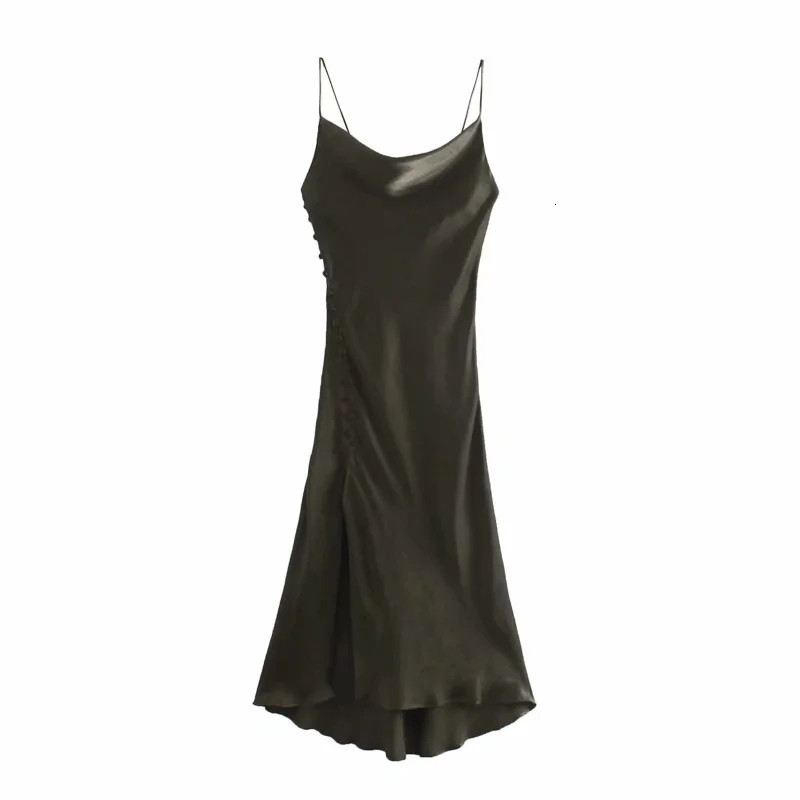 

New 2021 Camisole Satin Midi Women Summer Backless Slip Sexy Party Dresses Ladies Sleeveless Hem Slit Vintage Dress Z0uj, Brown