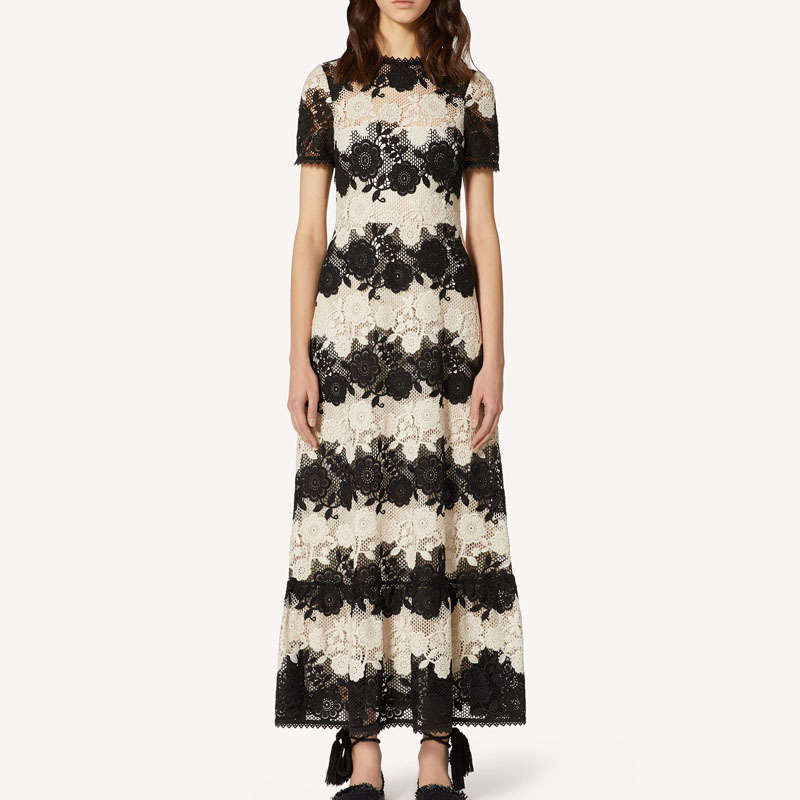 

Summer Water-soluble Style Retro-hollow Flower Short Self-cultivation Belt Medium Length Temperament Dress Women' Clothes Uxgd, Black