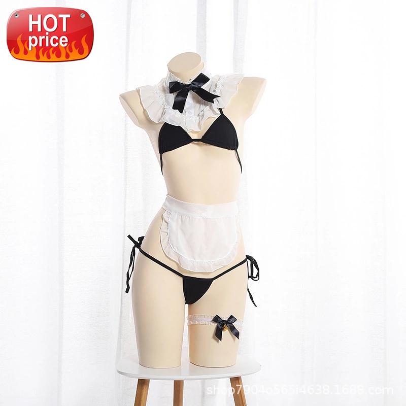 

Japanese Cute Sexy Lingerie Split Sexy Maid Three-point Split Set Anime Cosplay Uniform Temptation School Girl Costume Open Bra #Aw5Q, Black;white