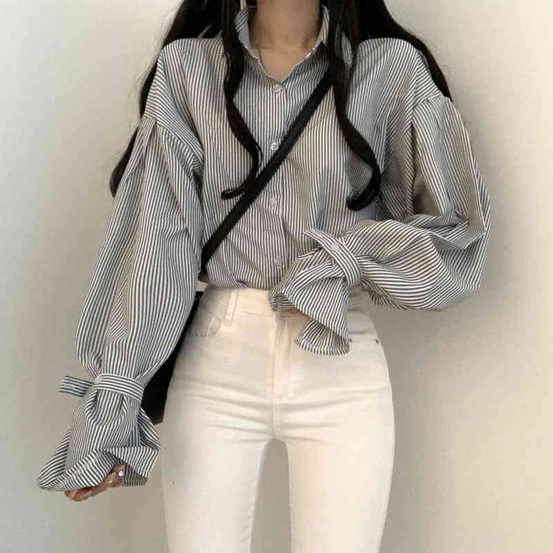 

Chic Casual Shirt Woman Sprint Korean Ins Fashion Cuff Straps Loose Flared Sleeve Versatile Striped Shirt Tide, White