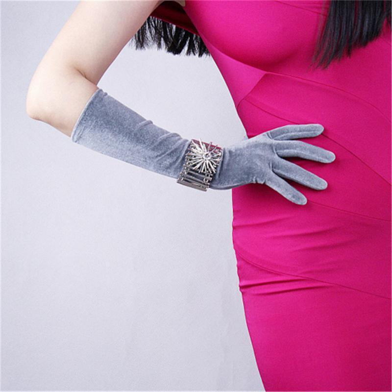 

Fashion Velvet Gloves In The Long Section 40cm Silver Gray Metal Color Women'S High Elastic Velvet Touch Screen YHSR40