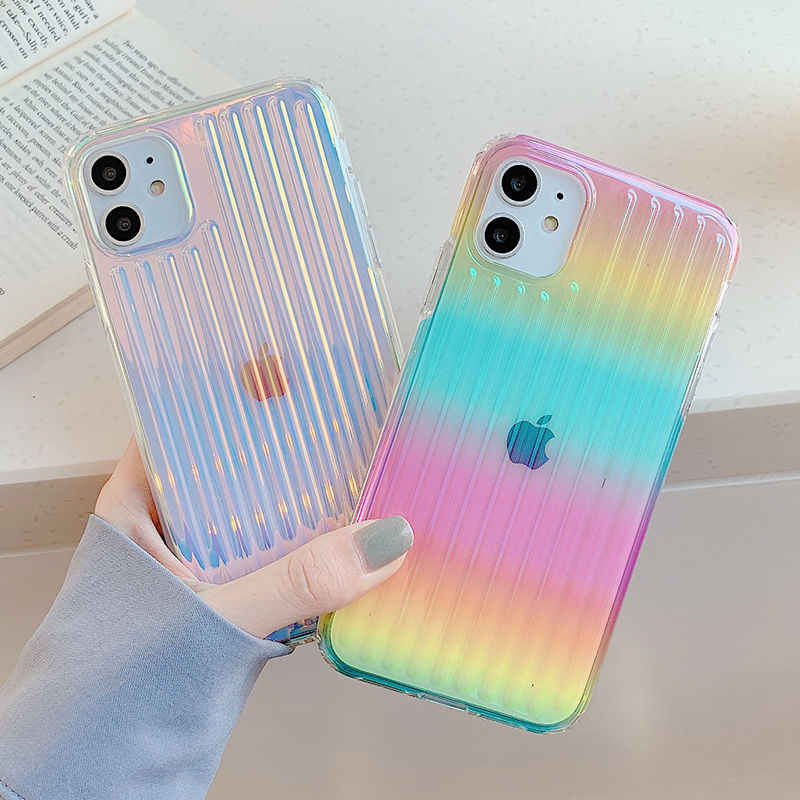 

Laser Gradient Colorful Phone Case For iPhone 11 12 11 Pro Max XR XS Max X 7 8 Plus 12 Pro SE 2 Hard PC Transparent Stripe Cover, Mix colors