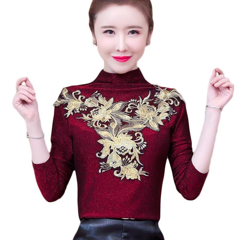 

Women Blouses Fashion Lace Spliced Vintage Lace Blouse Women Shirts Plus Size Long Sleeve Stand Collar Tops Camisas Mujer, Photo color