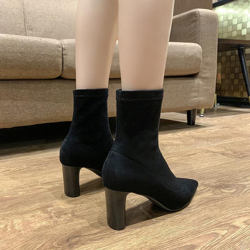 

Boots Women's Net Red Skinny Pointed 2021 Summer Short Thick Heel Super High Legged Sexy Suede1, Black