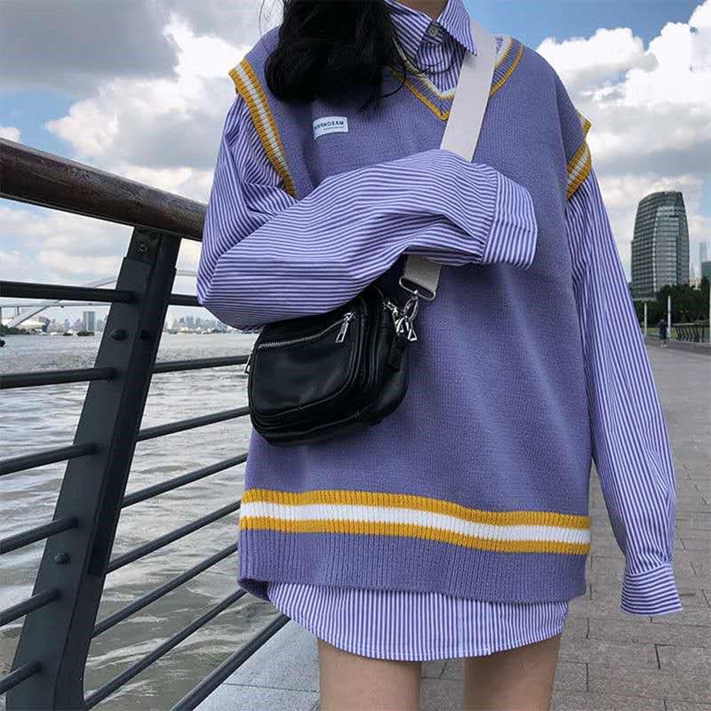

Autumn and Winter College Style V-neck Y2k Sweater Vest Sweater Striped Shirt Simple Fashion Top Two-piece Student Suit Female, 2033