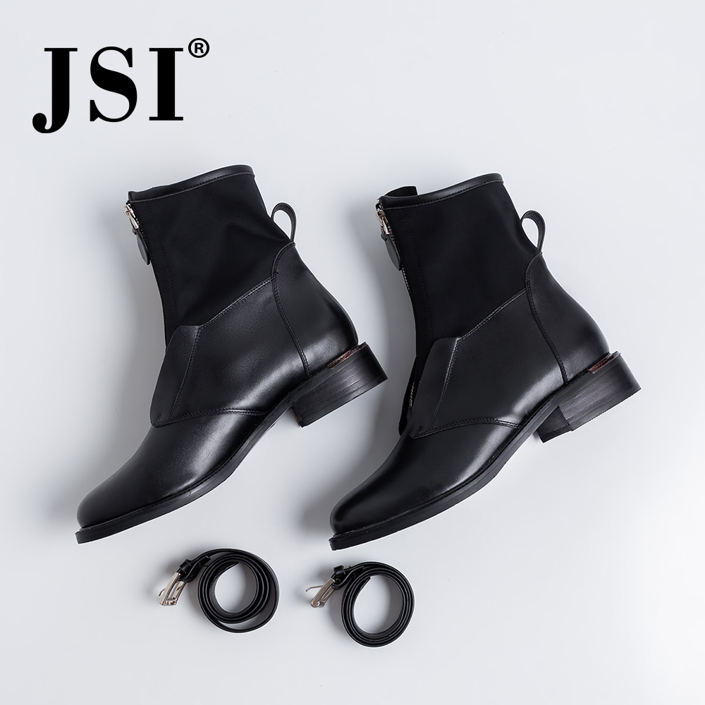

JSI Women Boots Mid-Calf Round Toe Buckle Strap Genuine Leather Ladies Shoes Solid Square Heel Med Heels Basic Women Boots jo367, Black