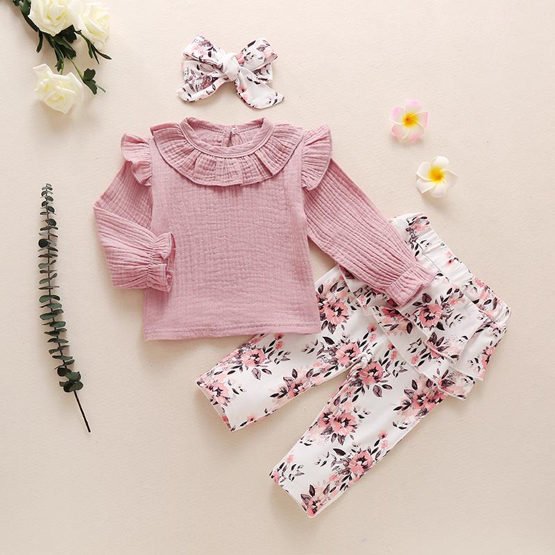 

Baby Girl Top, Floral Pants Suit, Round Neck Ruffle Long Sleeve Shirt, Warm Wide Layered Leg, Bowknot Headband 3pcs set, As pic