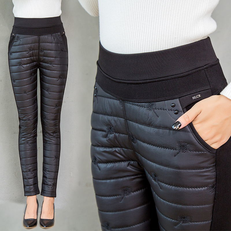 

2021 New Winter Embroidered Women's Fashion Down Hot Cotton Velvet Pants Mother Snow Wear Thick Trousers Straight Size Sweatpants 1F8E, Red jujube